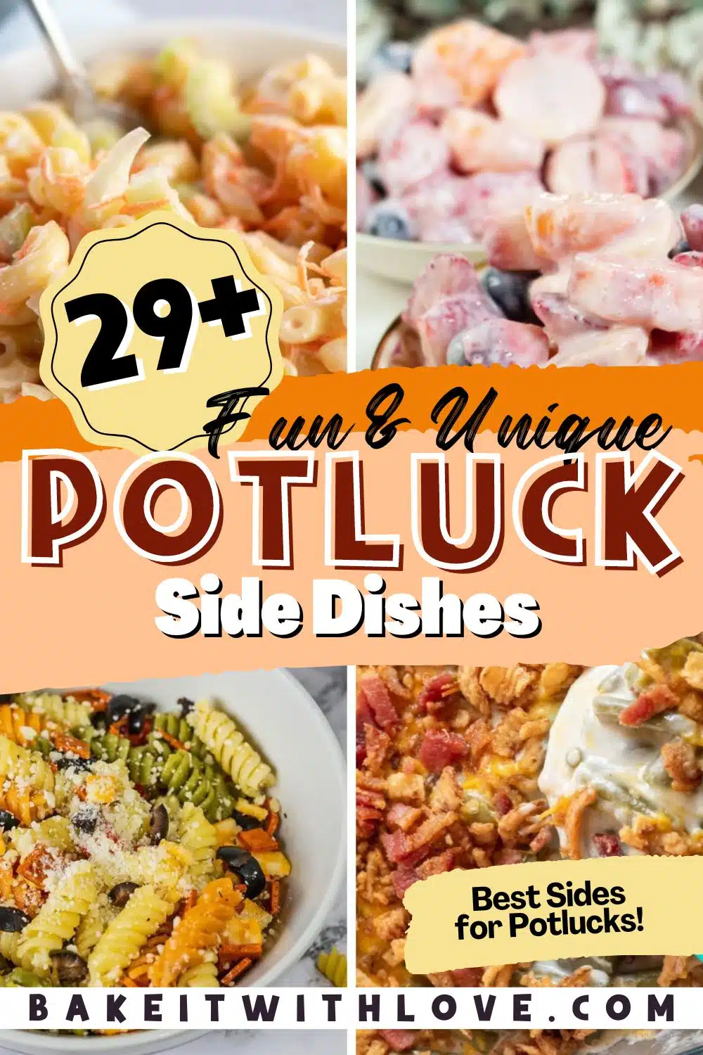 Tall split image with text showing different potluck side dishes.