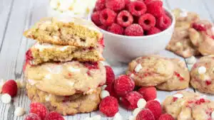 Wide image of raspberry white chocolate cookies.