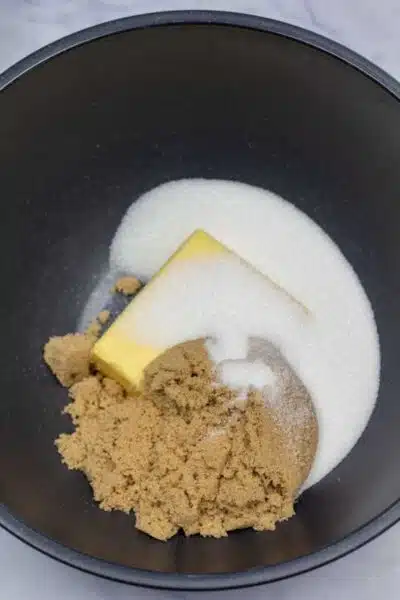 Process image 2 showing sugars and butter in a mixing bowl.