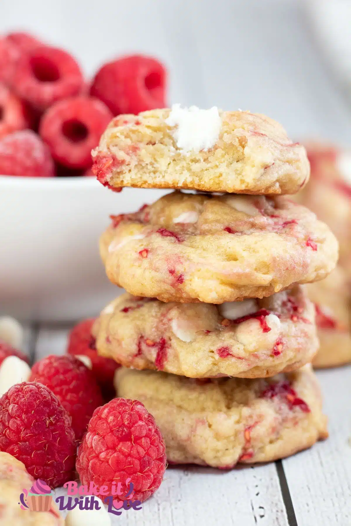 Tall image of raspberry white chocolate cookies.