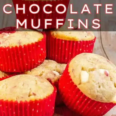 Pin image with text of raspberry white chocolate muffins.