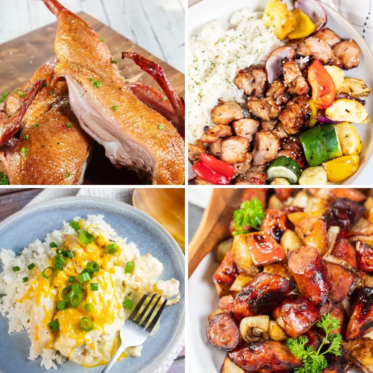 Square split image showing different summer dinner recipe ideas.