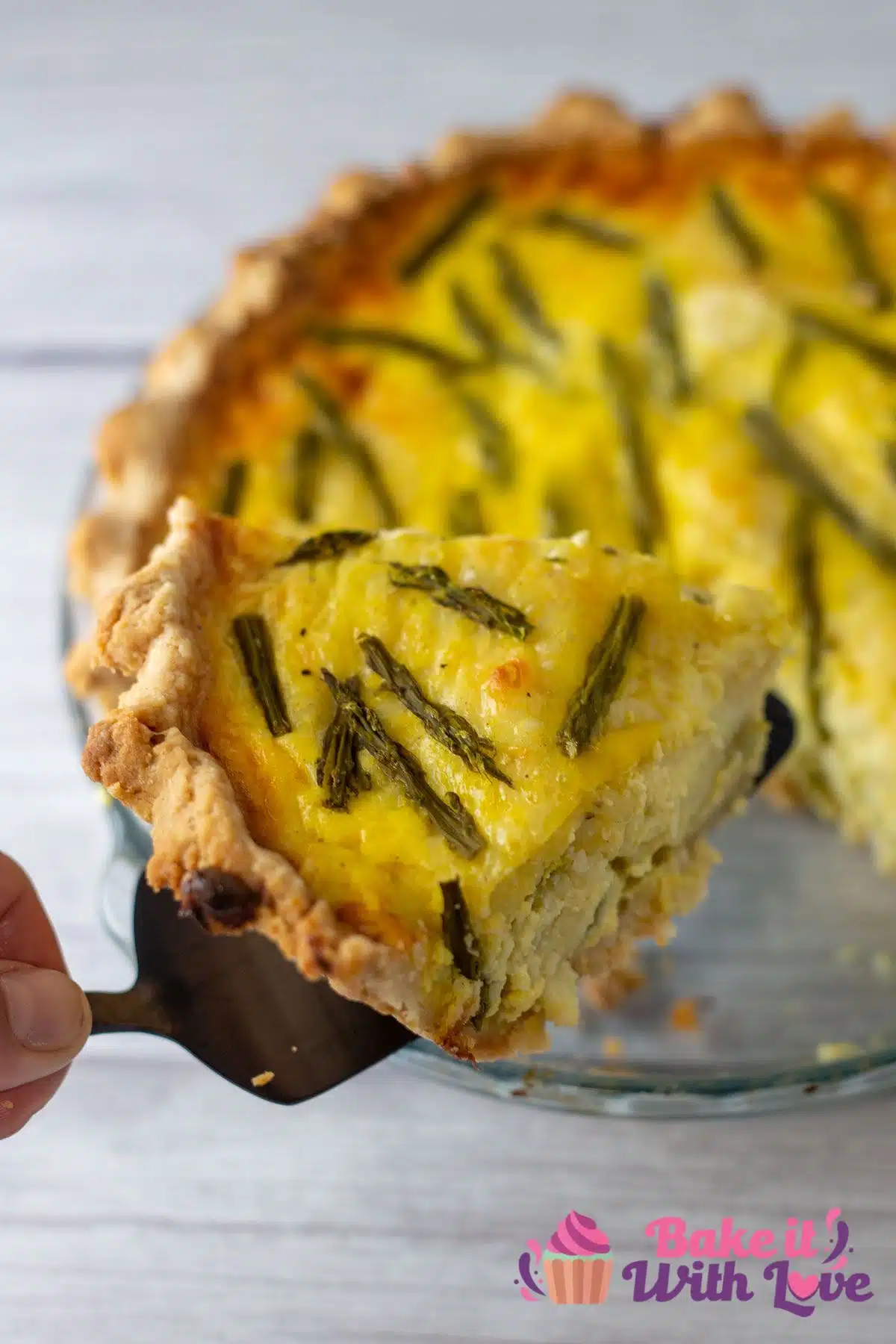 Tall image of asparagus quiche.
