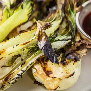 Wide image showing grilled bok choy.