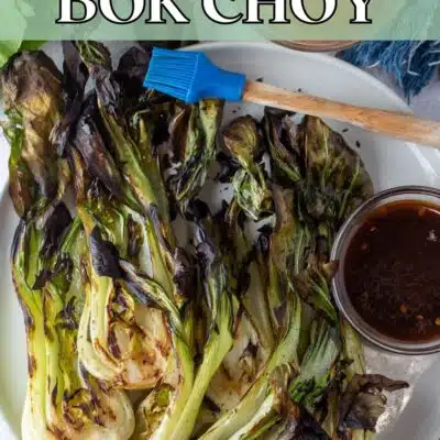 Pin image with text showing grilled bok choy.