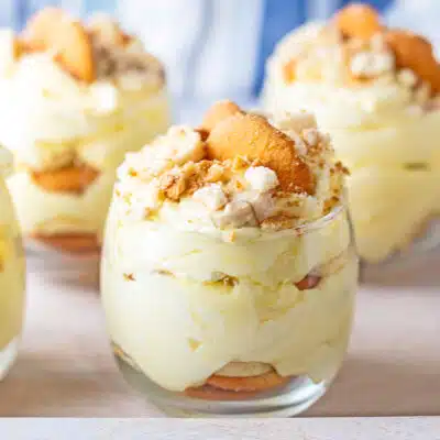Best Magnolia Bakery banana pudding copycat recipe served in individual glasses.