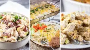 Wide split image showing different recipes using canned chicken.