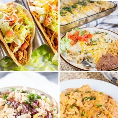 Pin split image with text showing different recipes using canned chicken.
