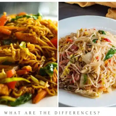 Pin image with text of Chow Mein vs Mei Fun photos.