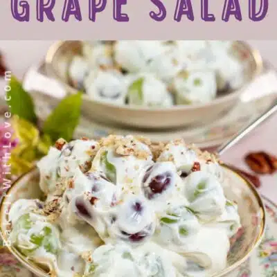 Pin image with text of creamy grape salad.