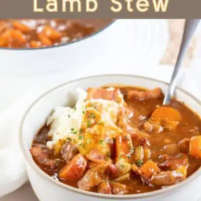 Pin image with text of Guinness lamb stew.