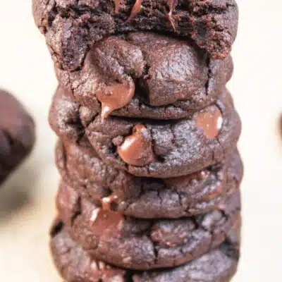 Tall image of double chocolate chip cookies.