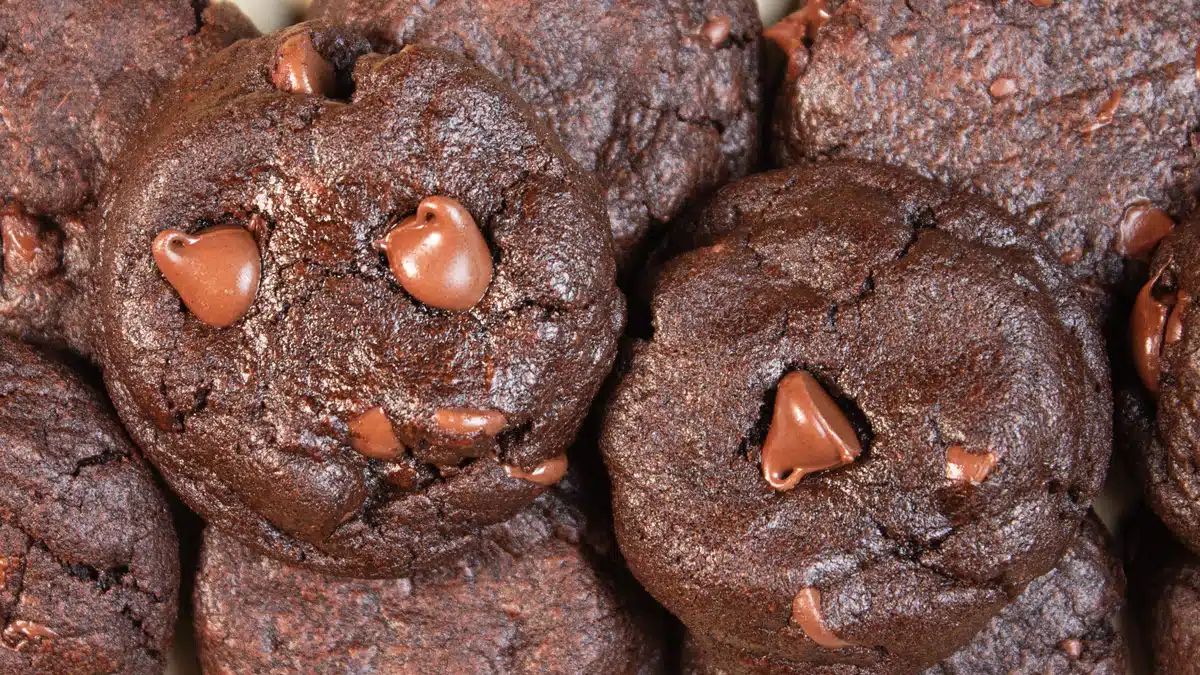 Wide image of double chocolate chip cookies.
