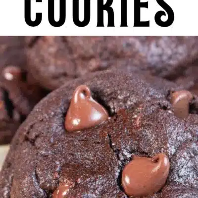 Pin image with text of double chocolate chip cookies.