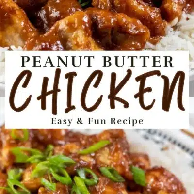 Pin image with text overlay of peanut butter chicken over rice.