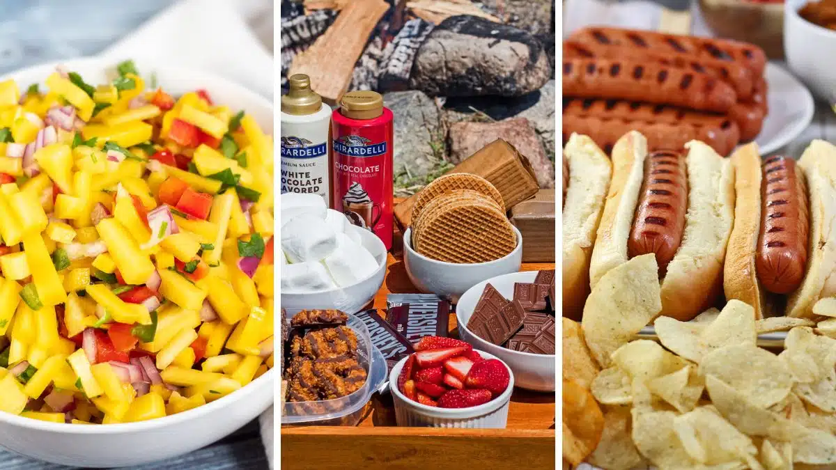 Wide split image showing different foods for a pool party.