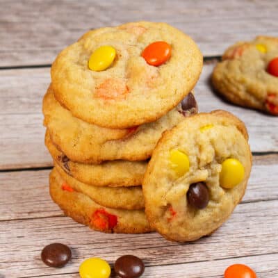 Square image of Reese's pieces cookies.