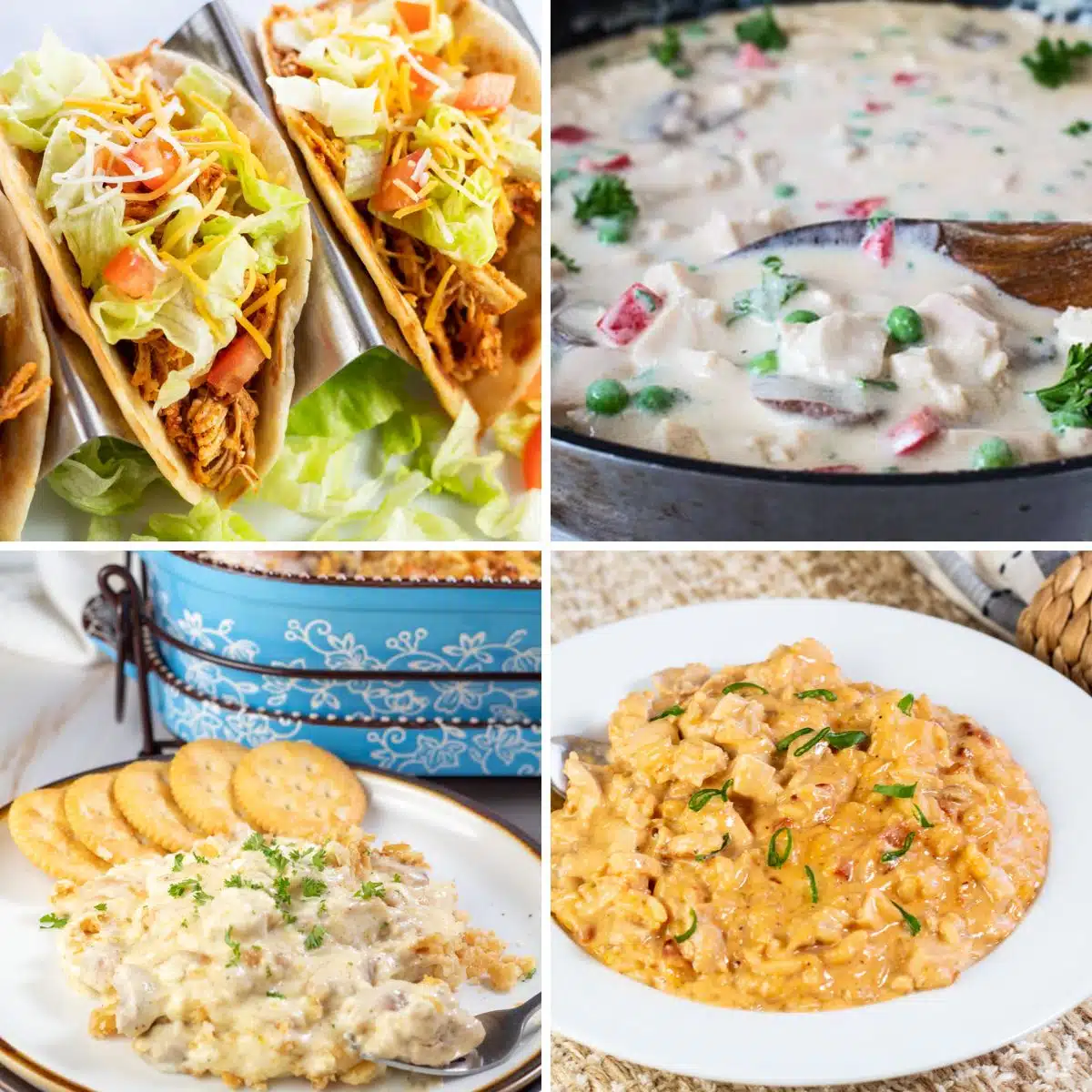 Square split image of different recipes using shredded chicken.
