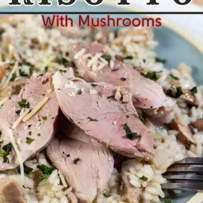 Pin image with text of a plate of smoked duck risotto with mushrooms.