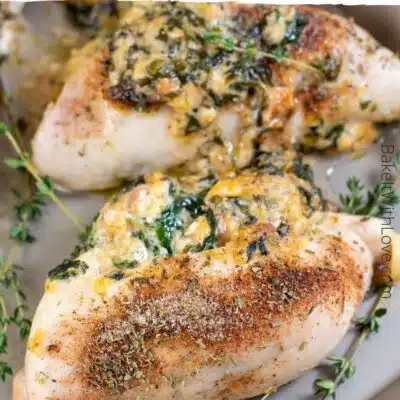 Pin image with text of spinach stuffed chicken breasts.
