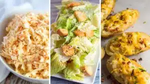 Wide split image showing ideas for what to serve with grilled shrimp.