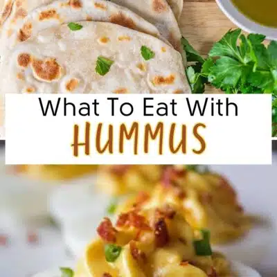 Pin split image with text showing different recipe ideas for what to serve with hummus.