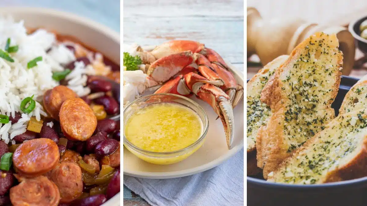Wide multi image of different recipe ideas for what to serve with a seafood boil.
