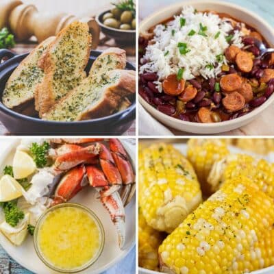 Square multi image of different recipe ideas for what to serve with a seafood boil.