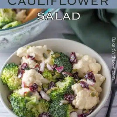 Pin image with text of broccoli cauliflower salad.