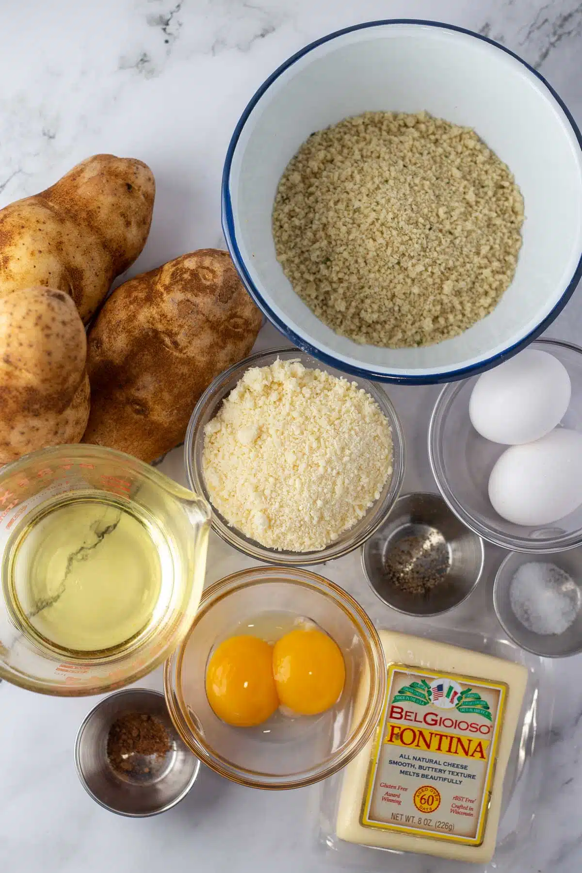 Tall image of cheese croquette ingredients.
