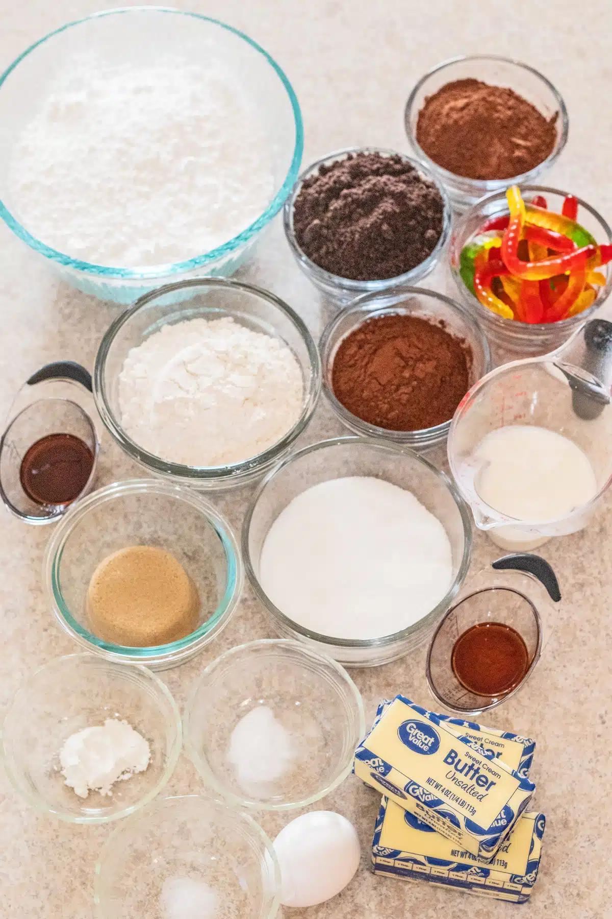 Tall image of ingredients for dirt cake cookies.