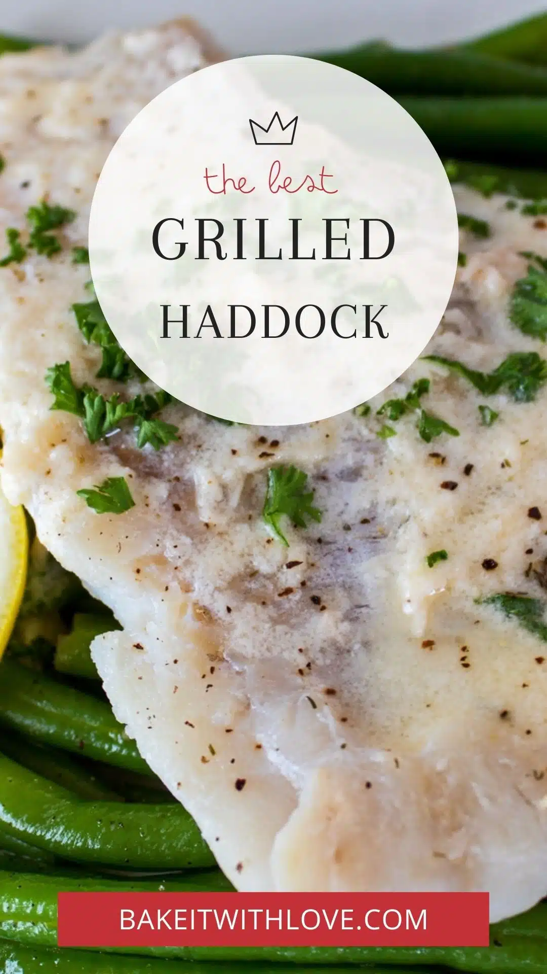 Tall pin image with text of grilled haddock fish.