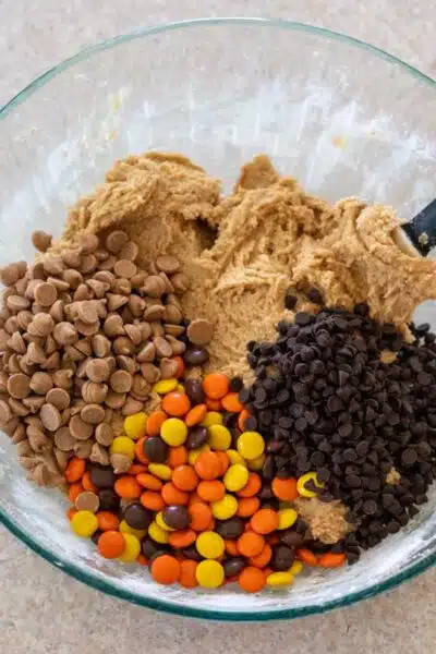 Process image 6 showing added Reese's candy, and chocolate and peanut butter chips.