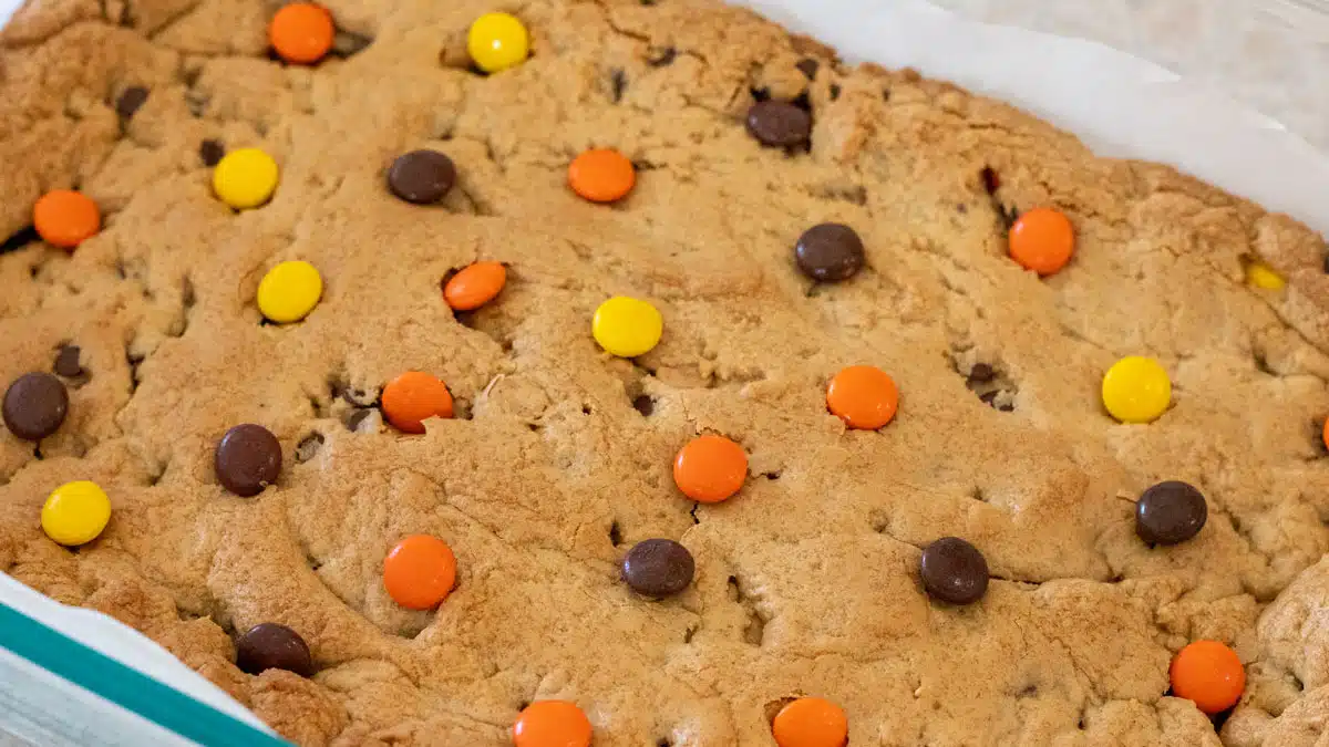 Wide close up image of out of the oven Reese's pieces bars.