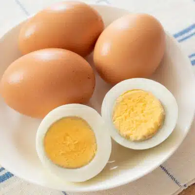 Square image of air fryer hard boiled eggs.