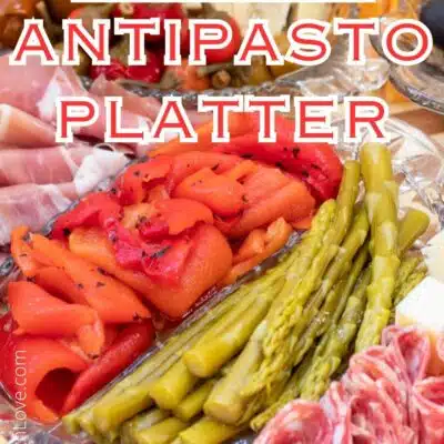 Pin image with text of antipasto platter, with mostly mixes of cheese and meat.