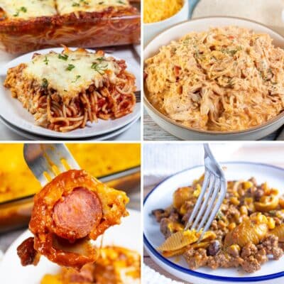 Square multi image showing different back to school dinner recipe ideas.