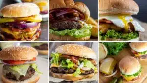 Wide multi images showing different hamburger and cheeseburger recipes.