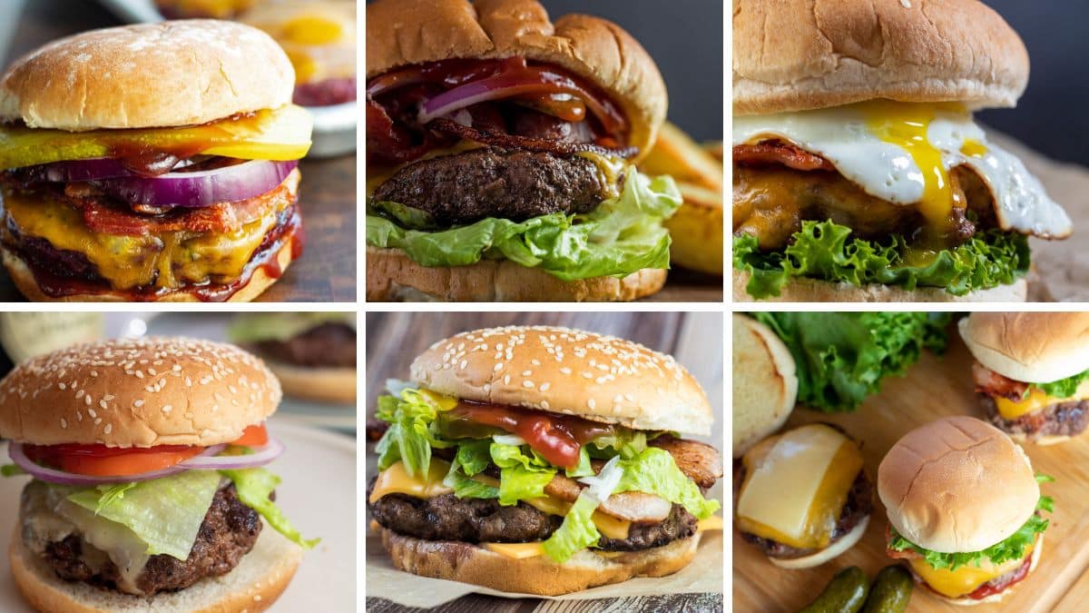 Gambar multi lebar yang menampilkan resep hamburger dan burger keju yang berbeda.