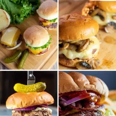 Pin multi images with text showing different hamburger and cheeseburger recipes.