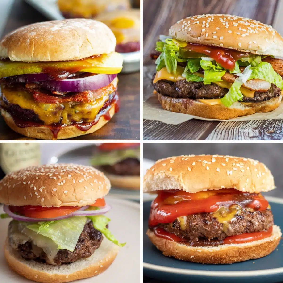 Quadratische Mehrfachbilder, die verschiedene Hamburger- und Cheeseburger-Rezepte zeigen.