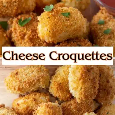 Pin image with text of cheese croquettes.