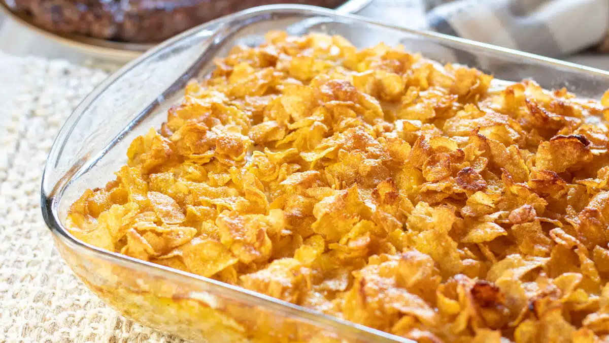 Wide image of cheesy funeral potatoes.