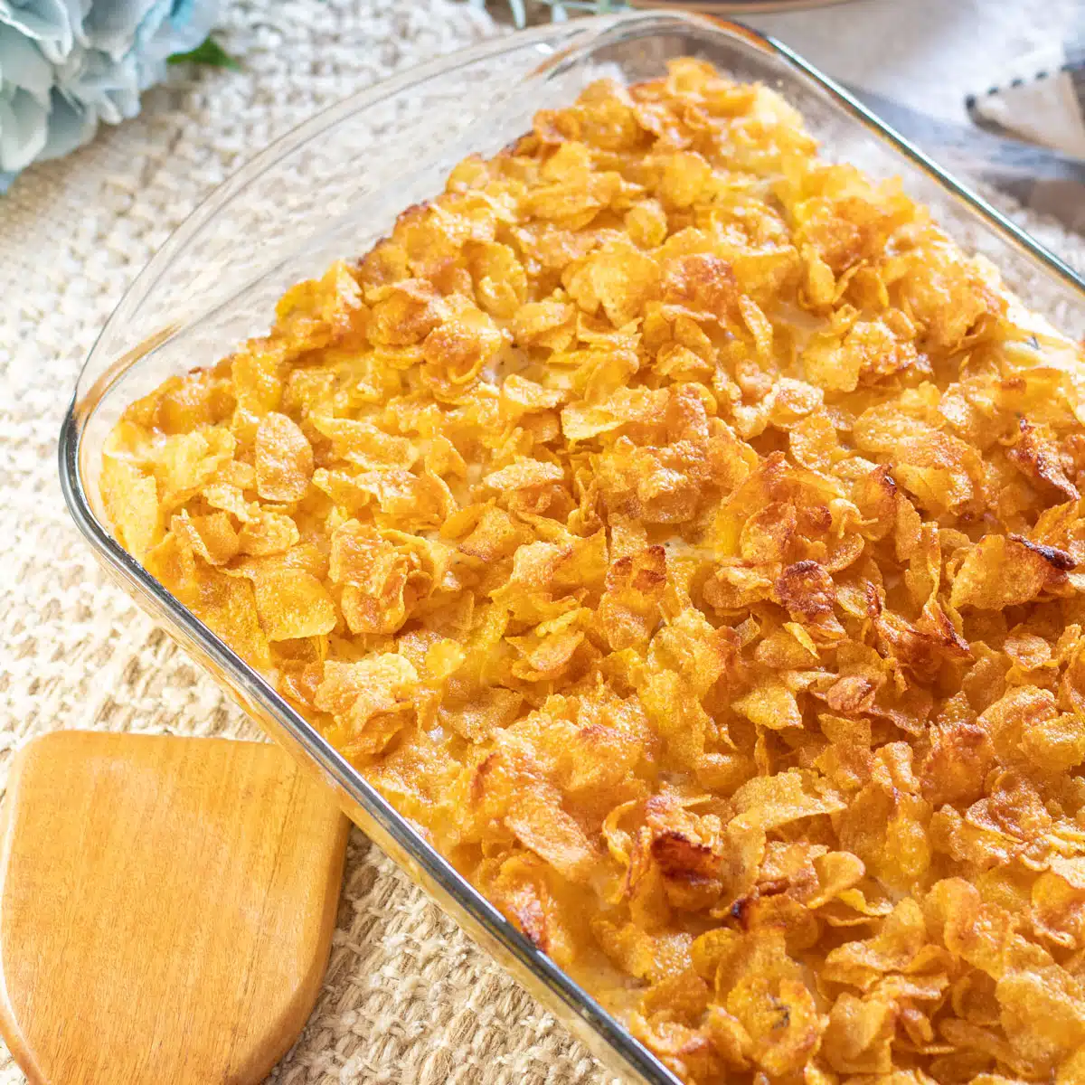 Square image of cheesy funeral potatoes.
