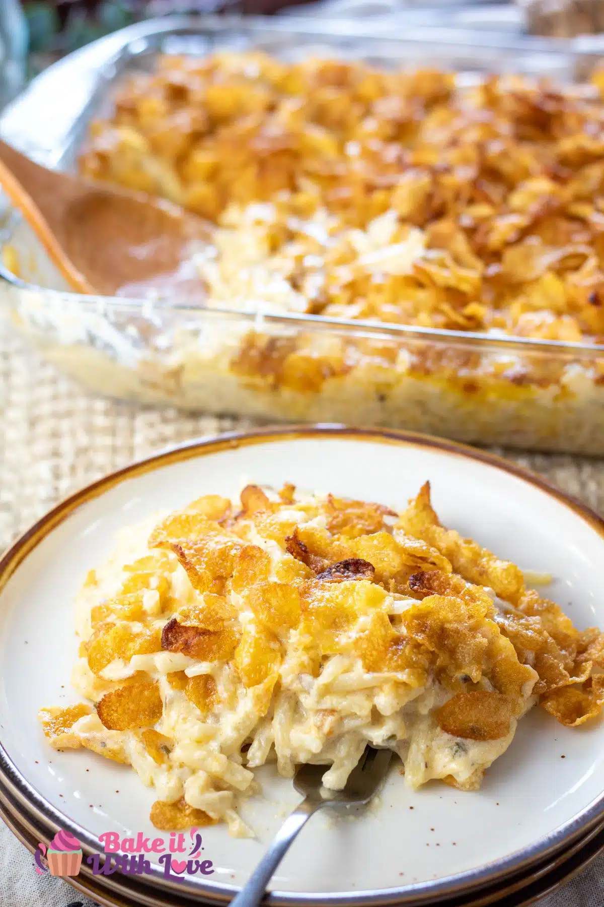 Tall image of cheesy funeral potatoes.