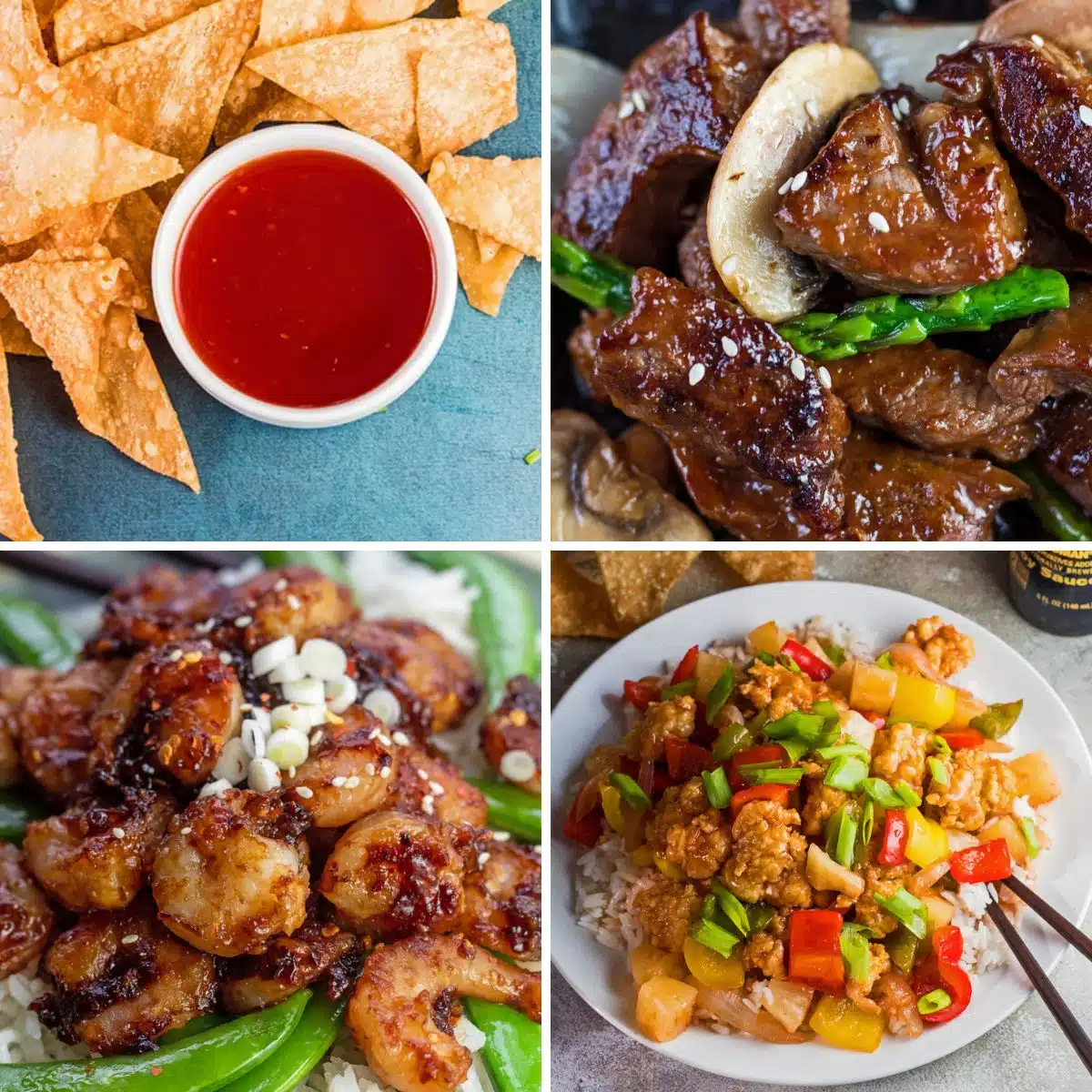 Square split image showing homemade Chinese takeout recipes.