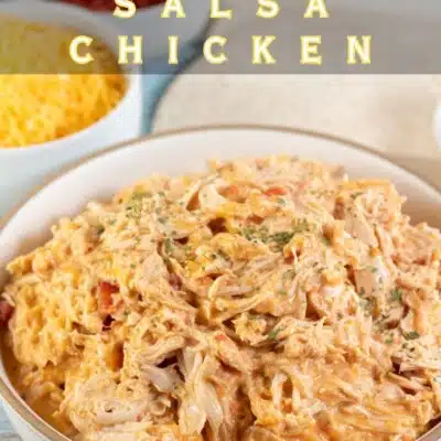 Pin image with text showing crockpot creamy salsa chicken.