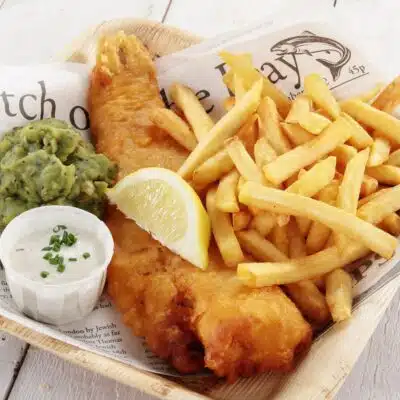 Square image showing fish and chips.