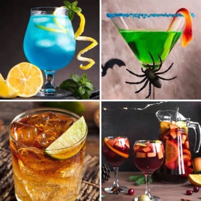 Firkantet delt billede, der viser forskellige Halloween-cocktails.