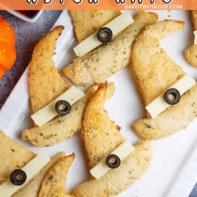 Pin image with text of Halloween crescent roll witch hats.
